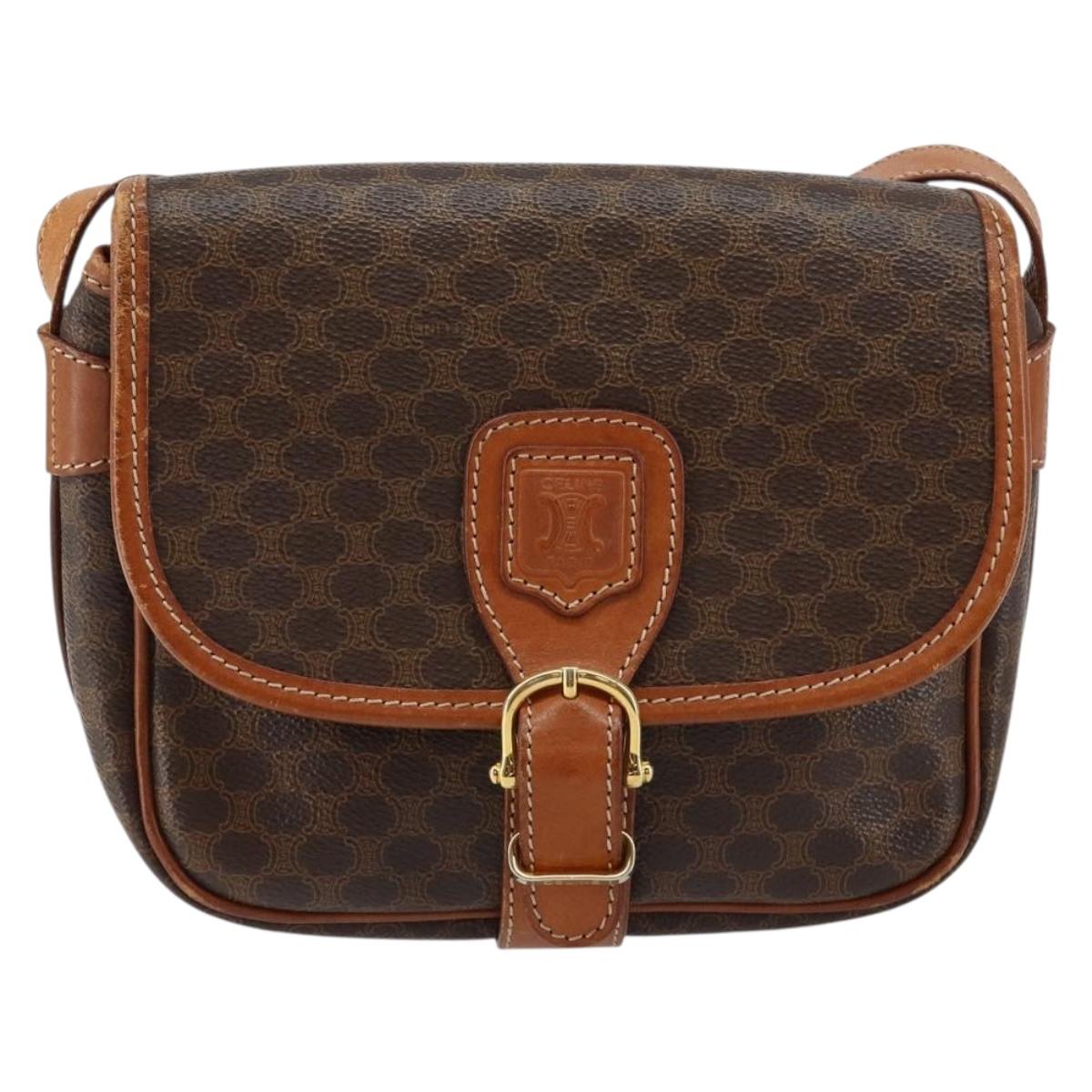 CELINE Macadam Canvas Shoulder Bag PVC Leather Brown Gold Auth ep11299