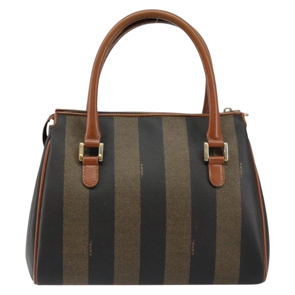 FENDI Pecan Canvas Hand Bag PVC Brown Gold Auth ep11310