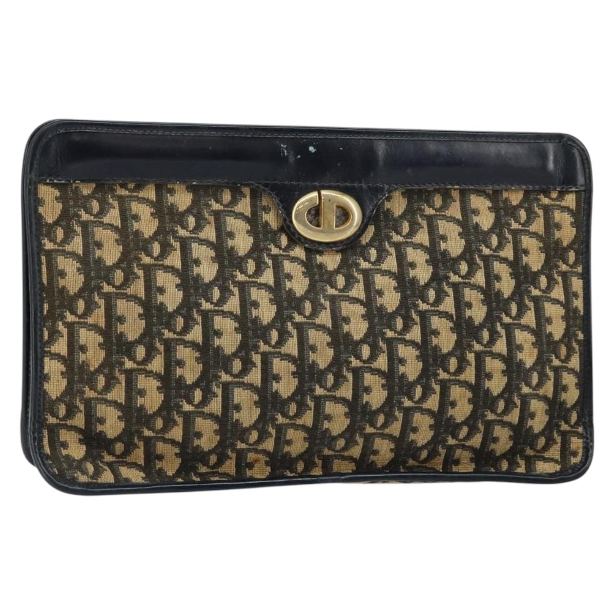 Christian Dior Trotter Canvas Clutch Bag Navy Gold Auth ep11315