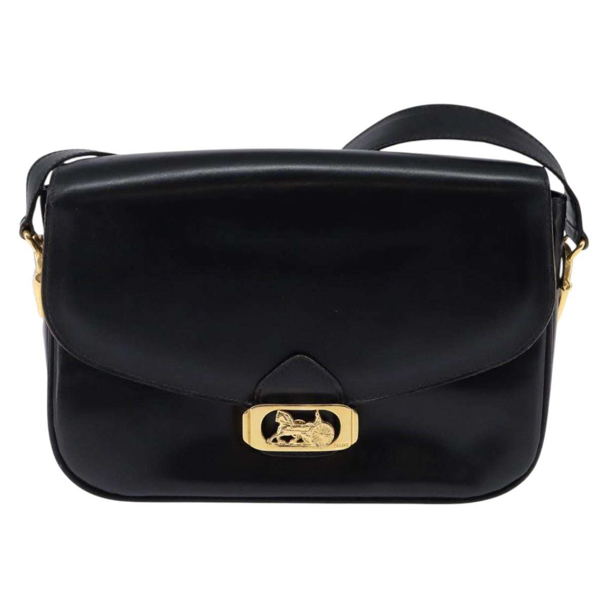 CELINE Horse Carriage Shoulder Bag Leather Black Gold Auth ep11350