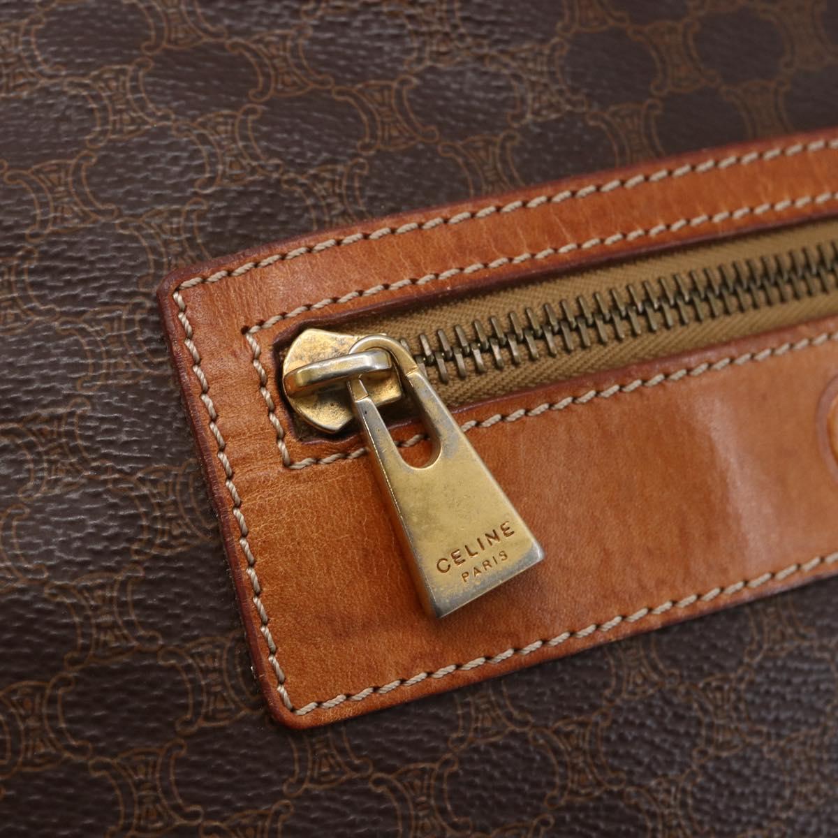 CELINE Macadam Canvas Tote Bag PVC Leather Brown Gold Auth ep11356