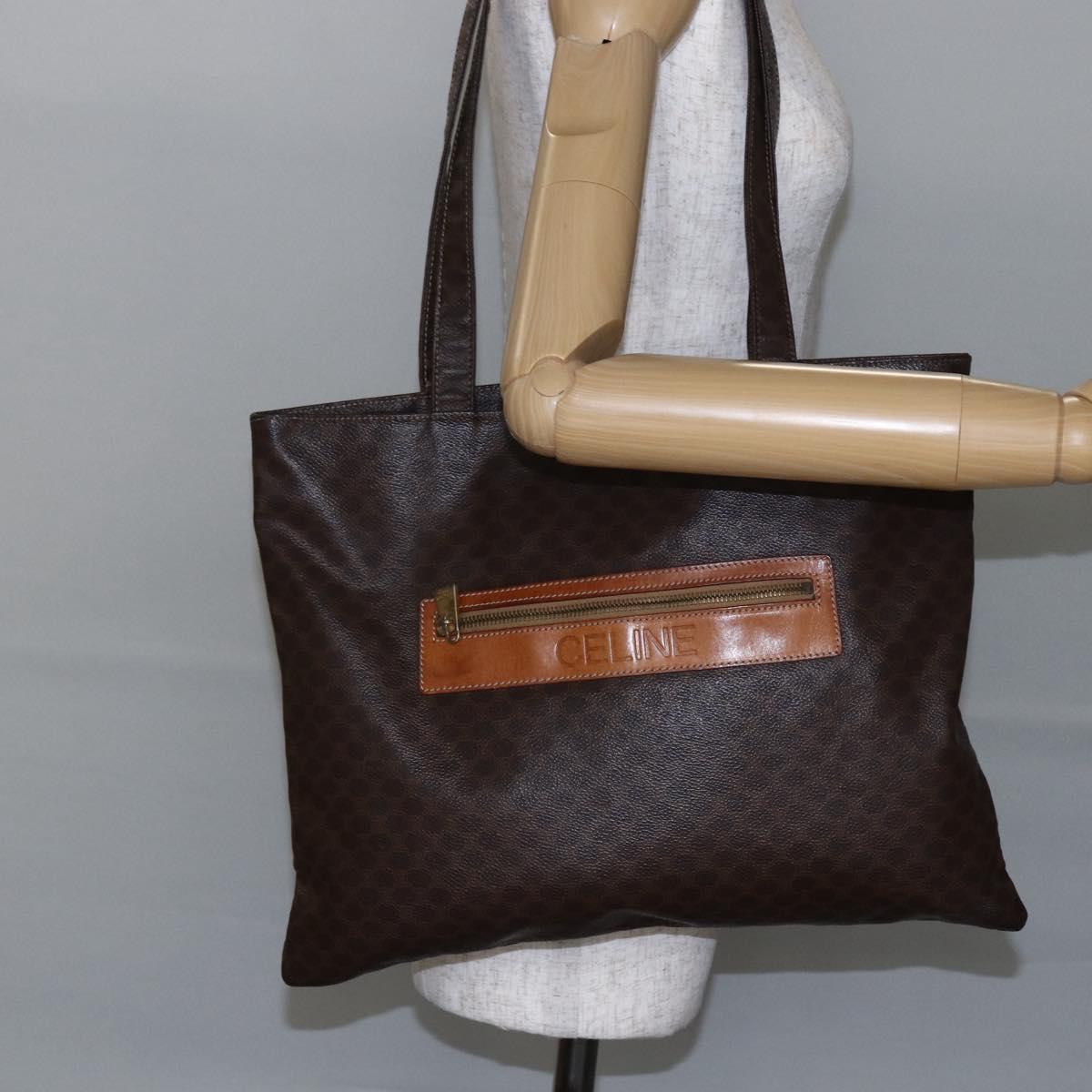 CELINE Macadam Canvas Tote Bag PVC Leather Brown Gold Auth ep11356