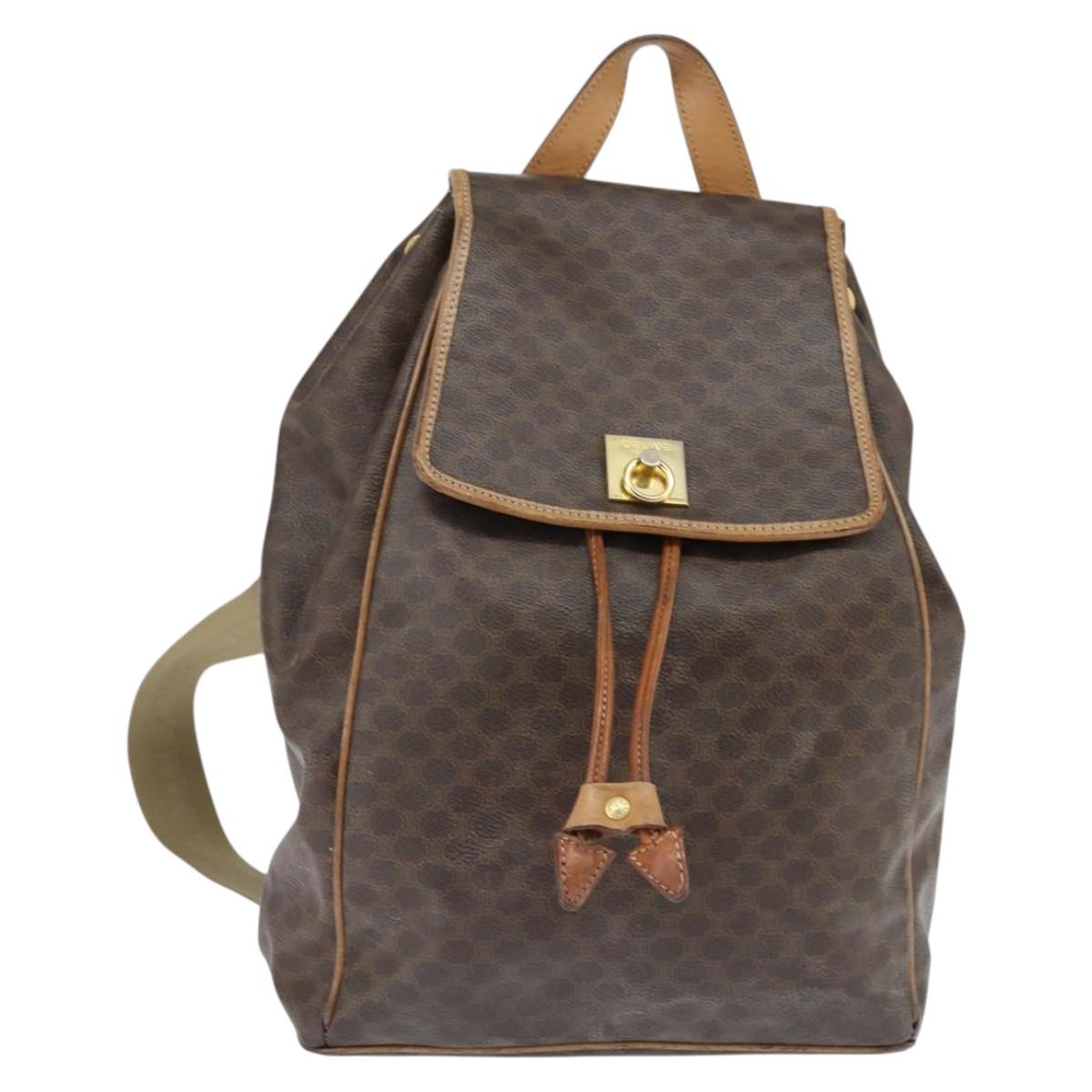 CELINE Macadam Canvas Backpack PVC Leather Brown Gold Auth ep11363