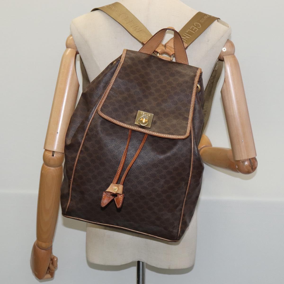 CELINE Macadam Canvas Backpack PVC Leather Brown Gold Auth ep11363