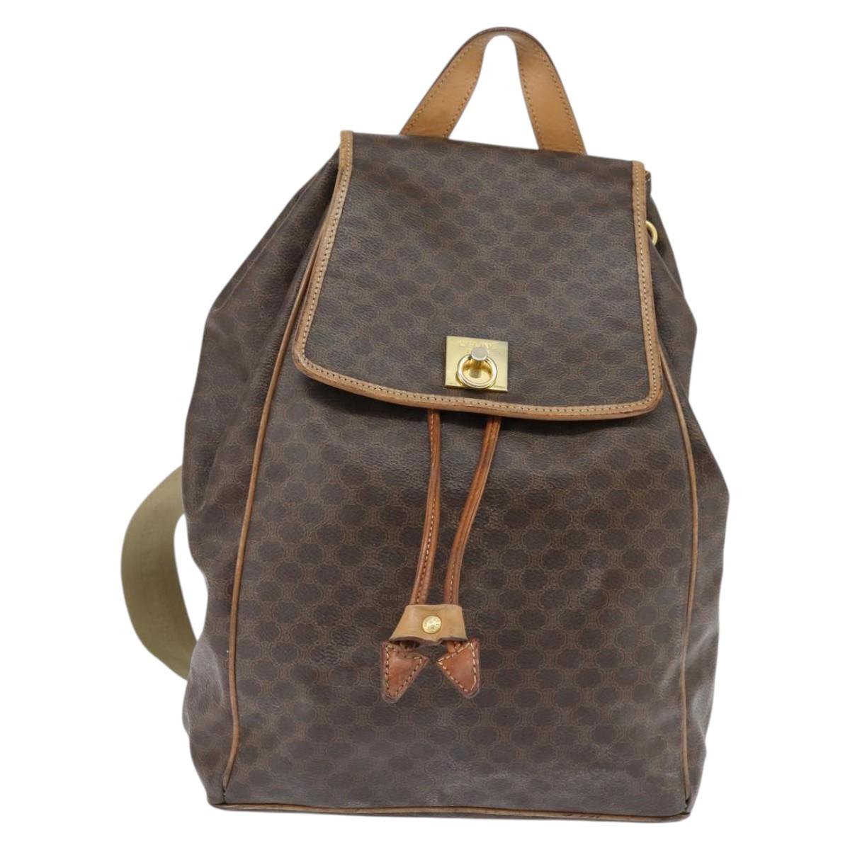 CELINE Macadam Canvas Backpack PVC Leather Brown Gold Auth ep11363