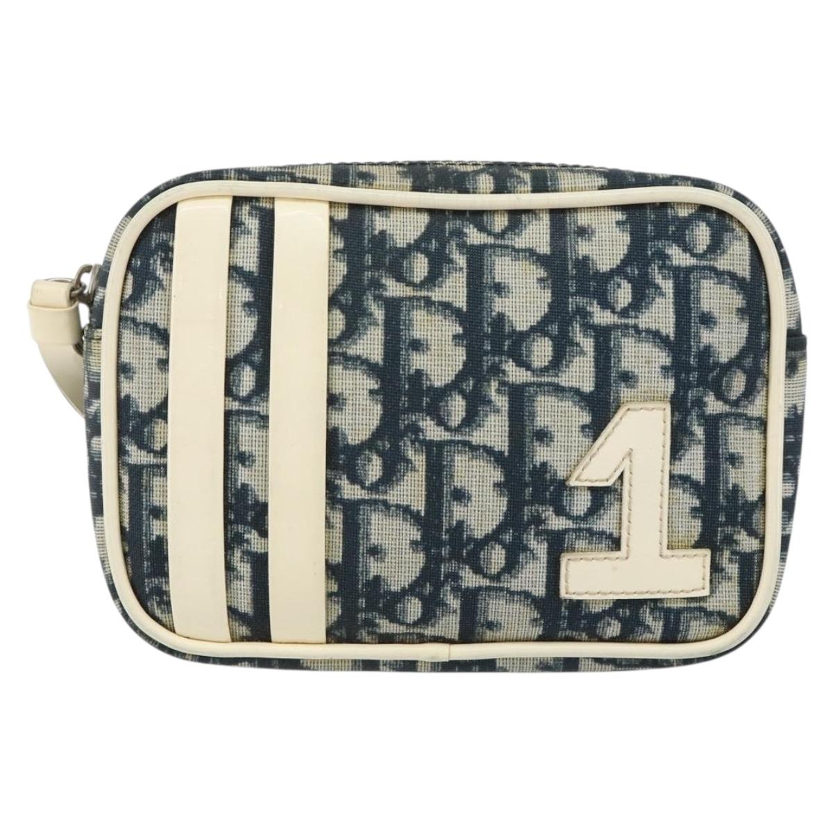 Christian Dior Trotter Canvas Pouch PVC Navy Silver Auth ep11381
