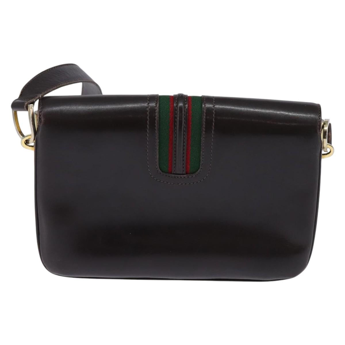 GUCCI Web Sherry Line Shoulder Bag Leather Dark Brown Gold Red Auth ep11429