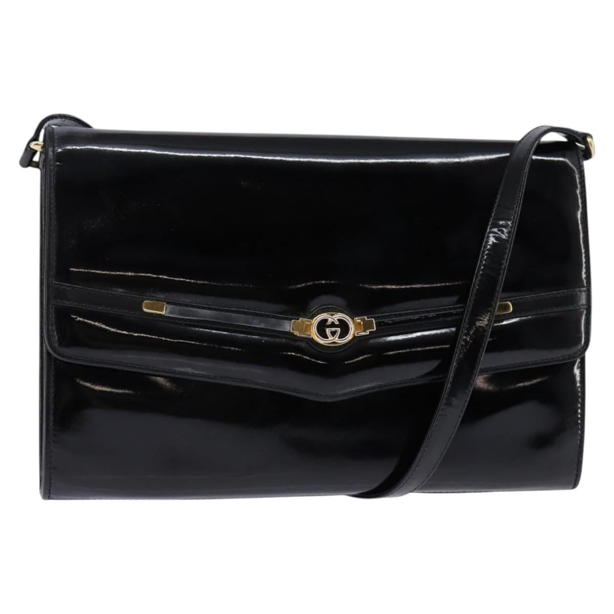 GUCCI Shoulder Bag Enamel Black Gold Auth ep11444
