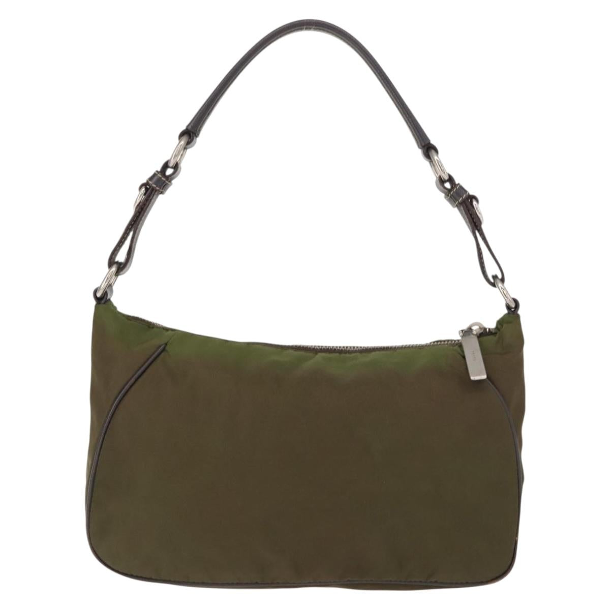 PRADA Shoulder Bag Nylon Leather Khaki Silver Auth ep11456
