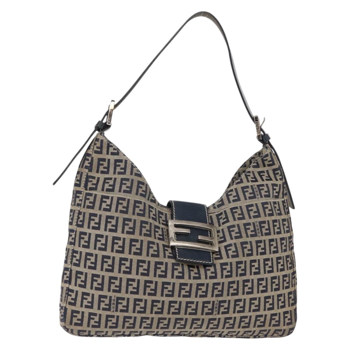 FENDI Zucchino Canvas Mamma Baguette Tote Bag Navy Silver Auth ep11475