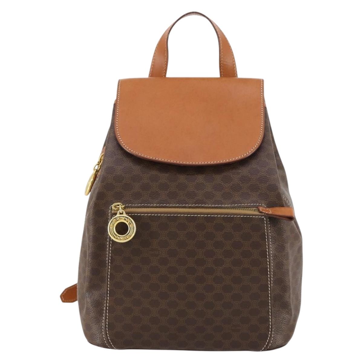 CELINE Macadam Canvas Backpack PVC Leather Brown Gold Auth ep11505
