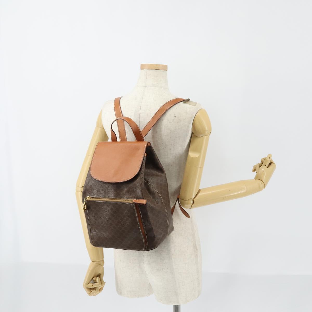 CELINE Macadam Canvas Backpack PVC Leather Brown Gold Auth ep11505