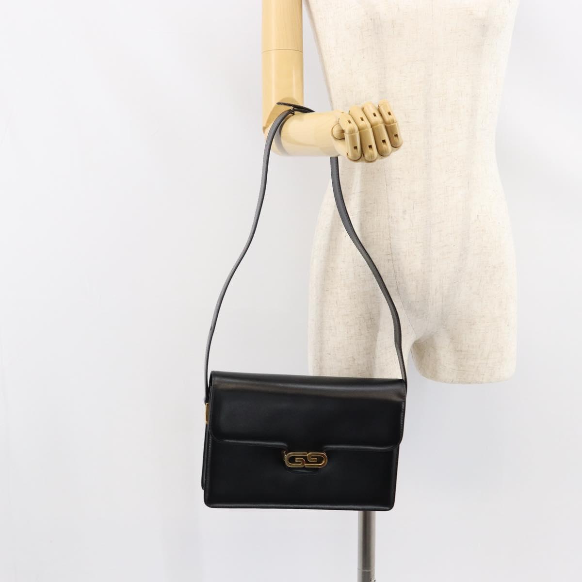 GUCCI Shoulder Bag Leather Black Gold Auth ep11506