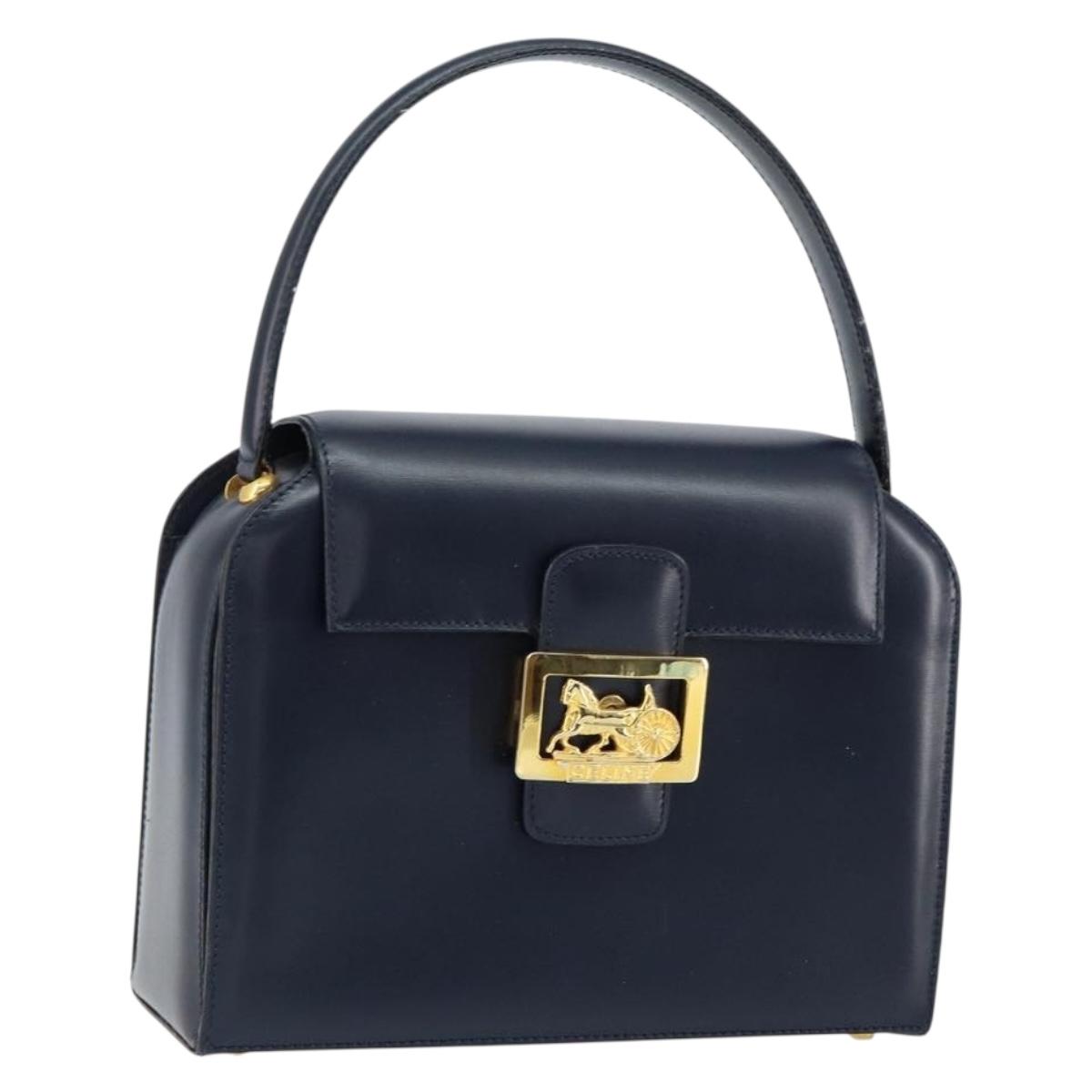 CELINE Horse Carriage Hand Bag Leather Navy Gold Auth ep11510