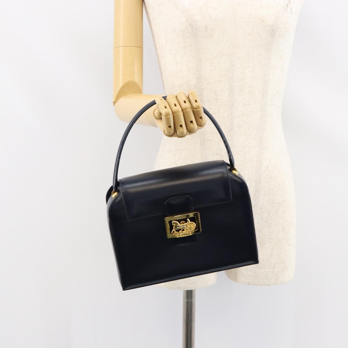CELINE Horse Carriage Hand Bag Leather Navy Gold Auth ep11510