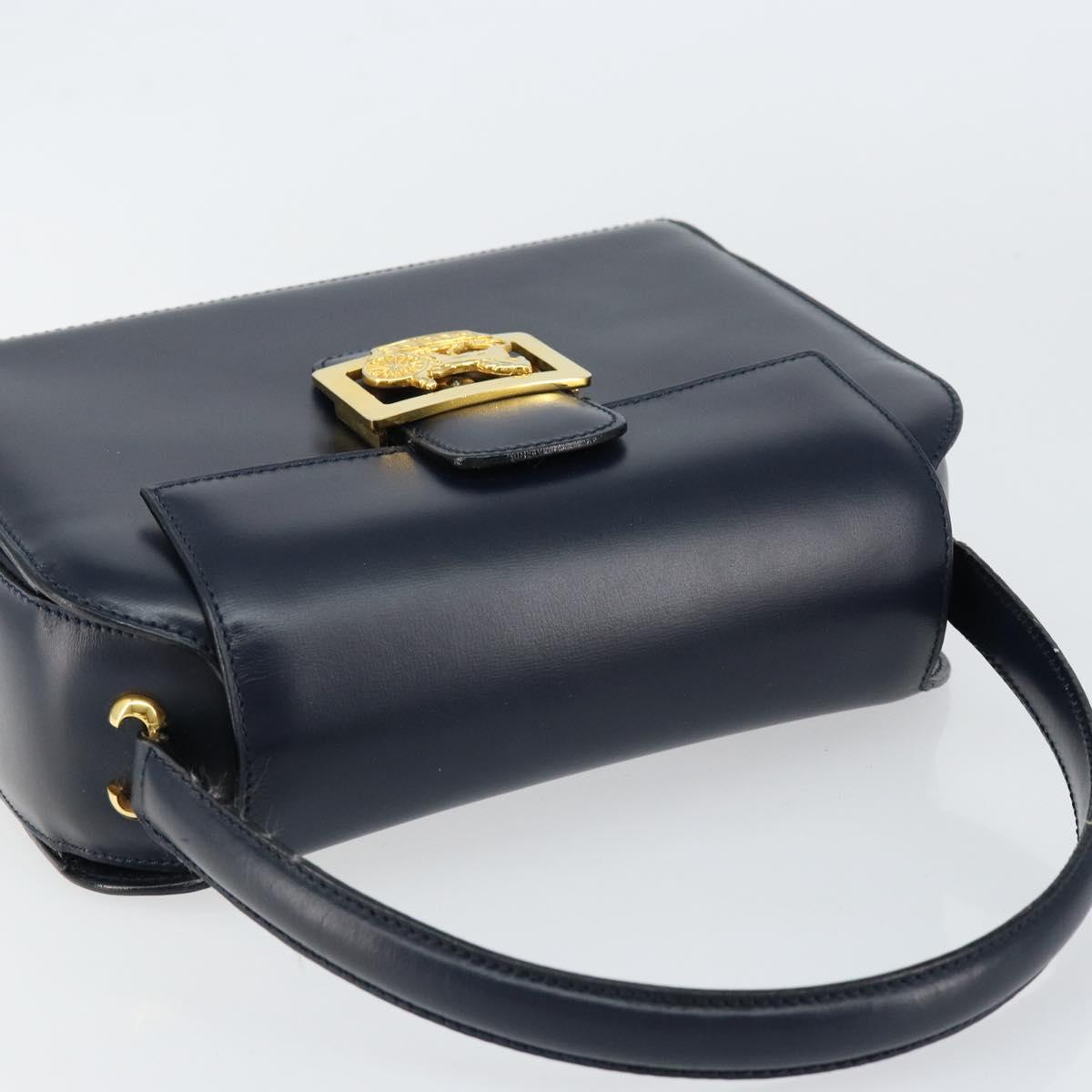 CELINE Horse Carriage Hand Bag Leather Navy Gold Auth ep11510