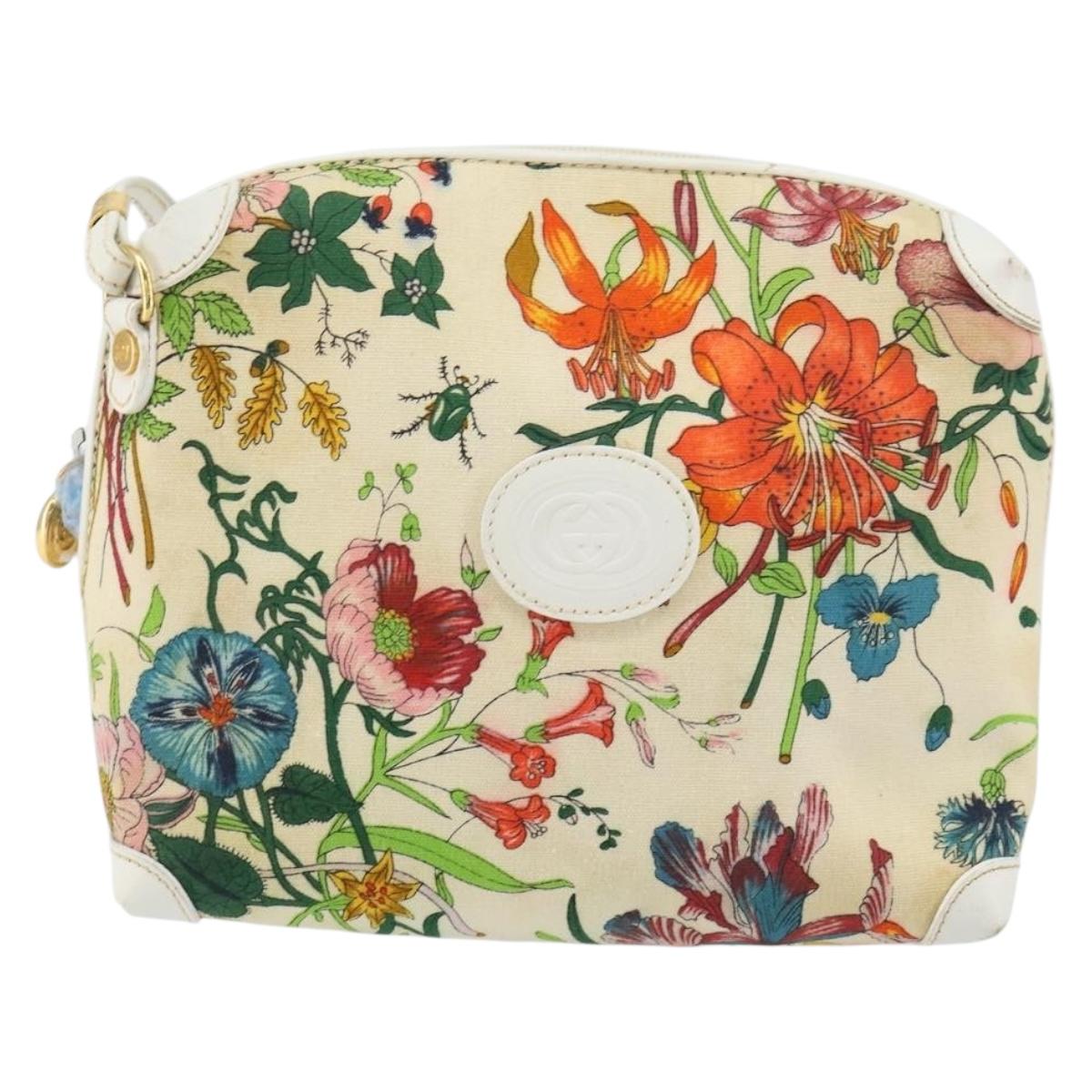 GUCCI Botanical Shoulder Bag Canvas Leather White Gold 007 115 1093 Auth ep11546