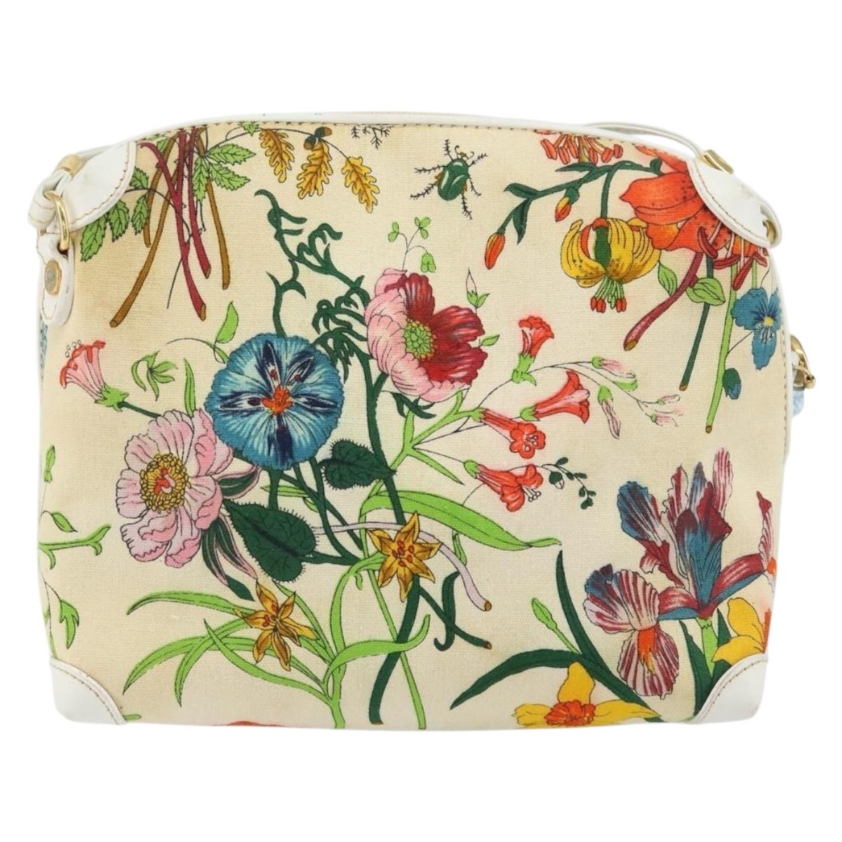 GUCCI Botanical Shoulder Bag Canvas Leather White Gold 007 115 1093 Auth ep11546