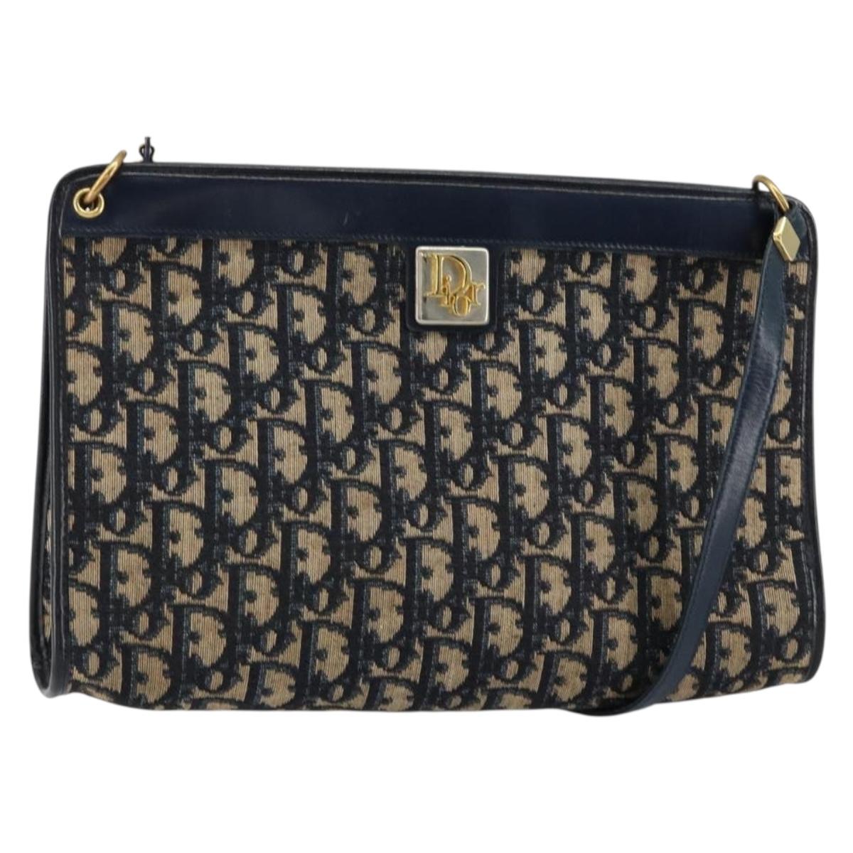 Christian Dior Trotter Canvas Shoulder Bag Navy Gold Auth ep11547