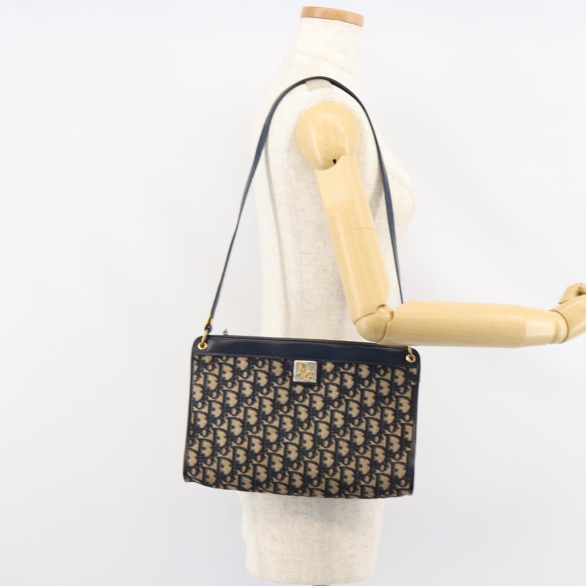 Christian Dior Trotter Canvas Shoulder Bag Navy Gold Auth ep11547