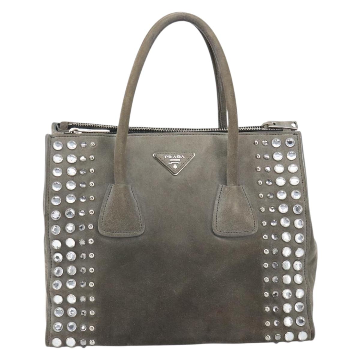 PRADA Studs Hand Bag Suede 2way Gray Silver Auth ep11562