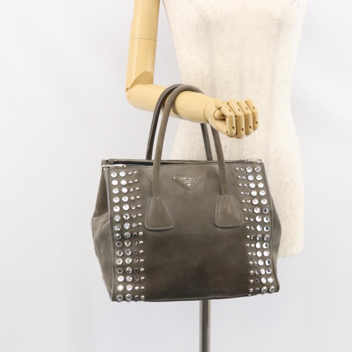 PRADA Studs Hand Bag Suede 2way Gray Silver Auth ep11562