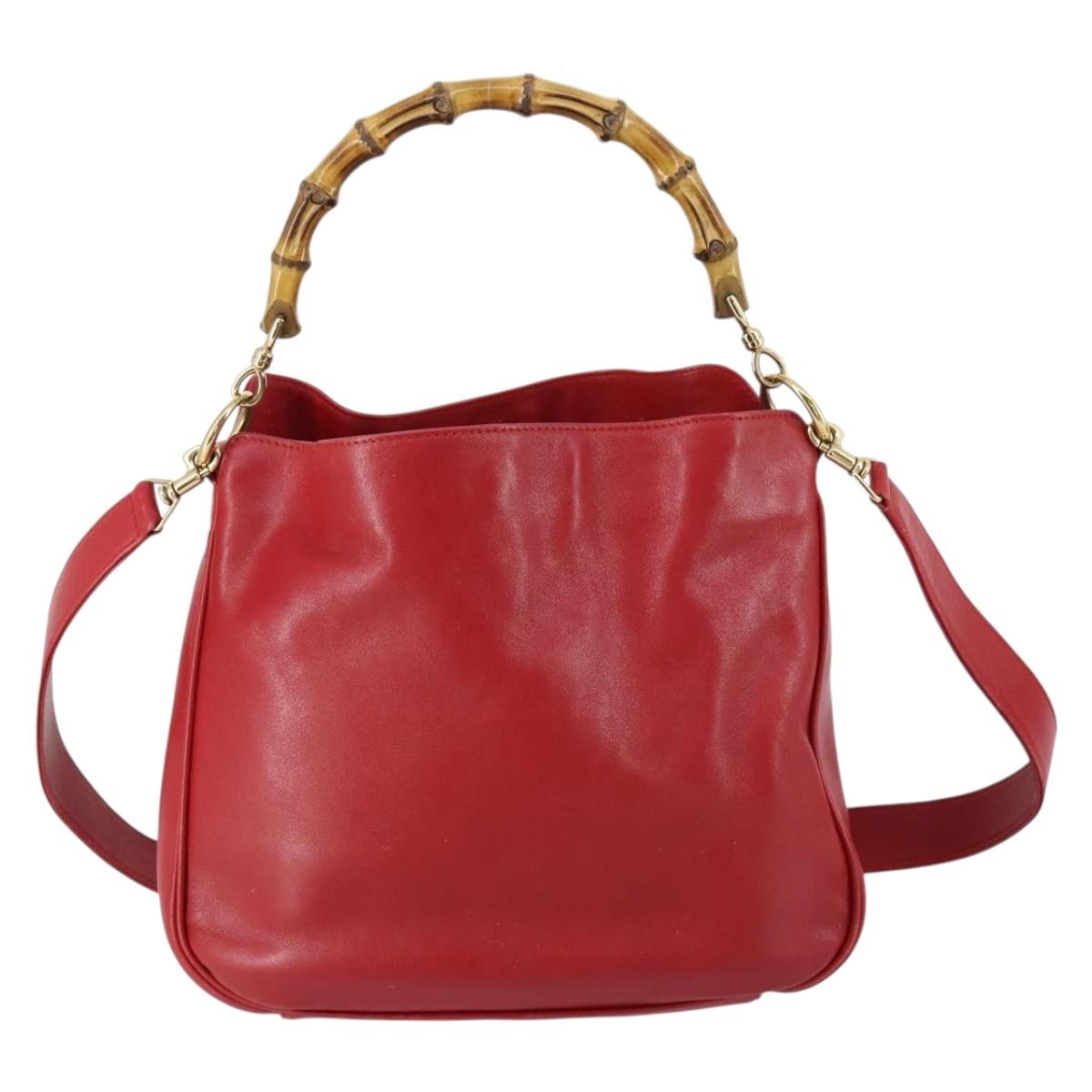GUCCI Bamboo Hand Bag Leather 2way Red Gold Auth ep11568