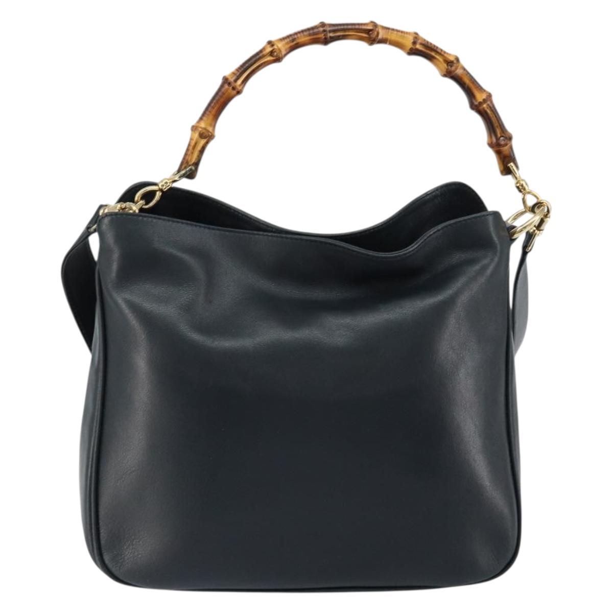 GUCCI Bamboo Hand Bag Leather 2way Navy Gold 001 1705 1638 Auth ep11570