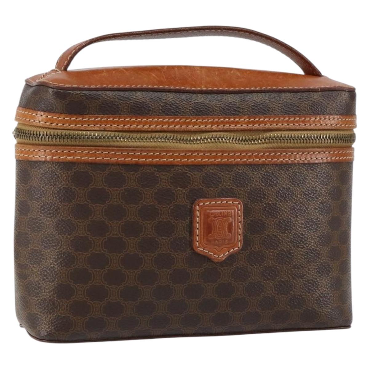 CELINE Macadam Canvas Vanity Pouch PVC Leather Brown Gold Auth ep11672