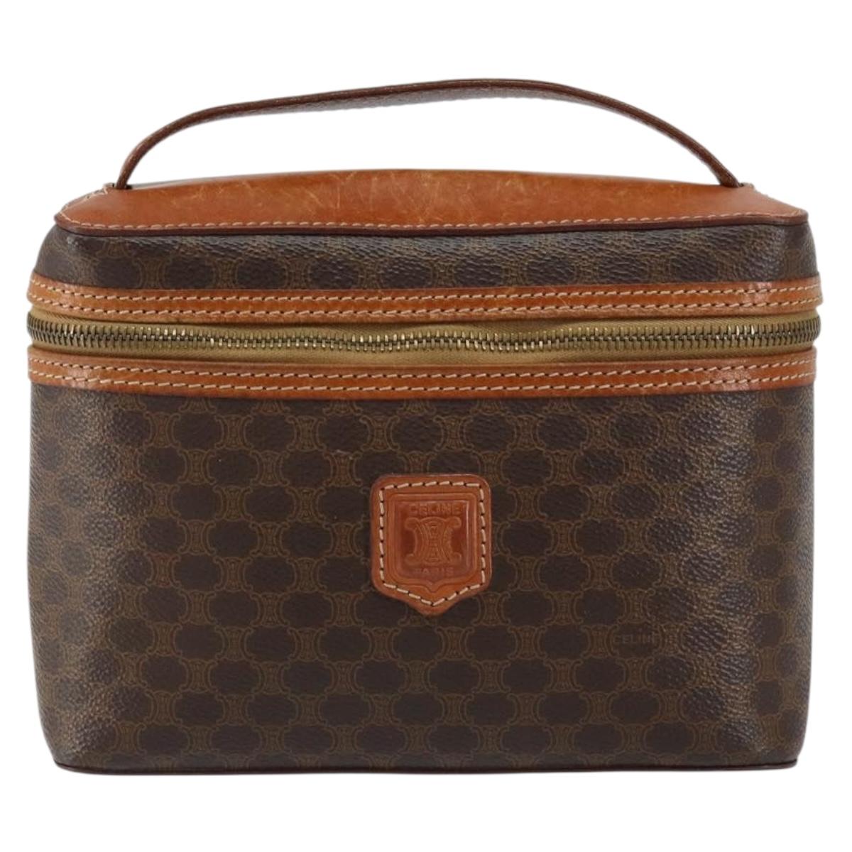 CELINE Macadam Canvas Vanity Pouch PVC Leather Brown Gold Auth ep11672