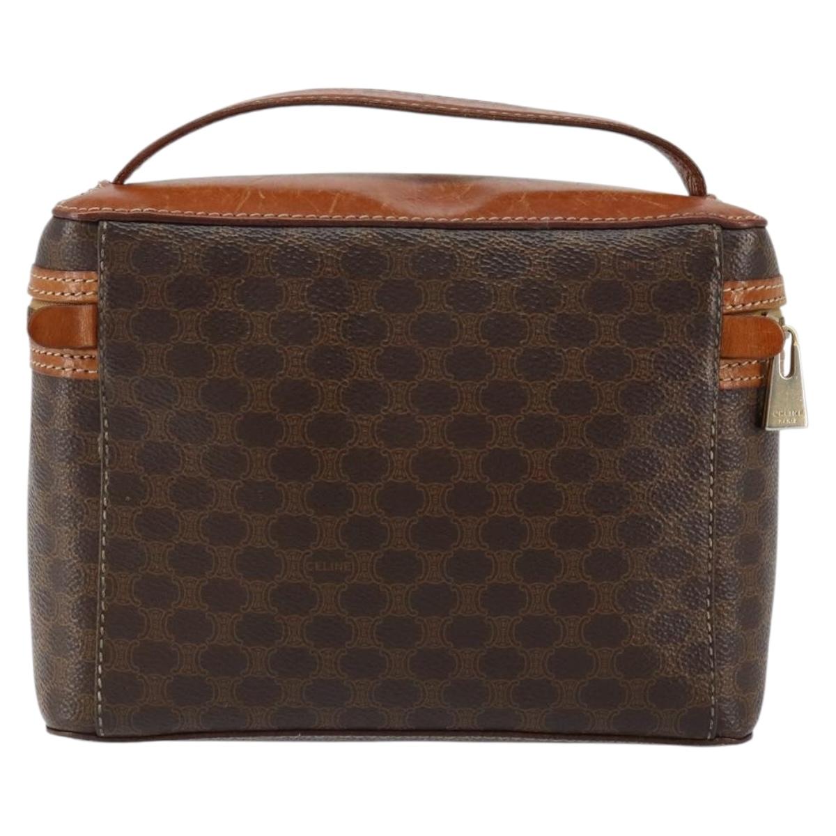 CELINE Macadam Canvas Vanity Pouch PVC Leather Brown Gold Auth ep11672