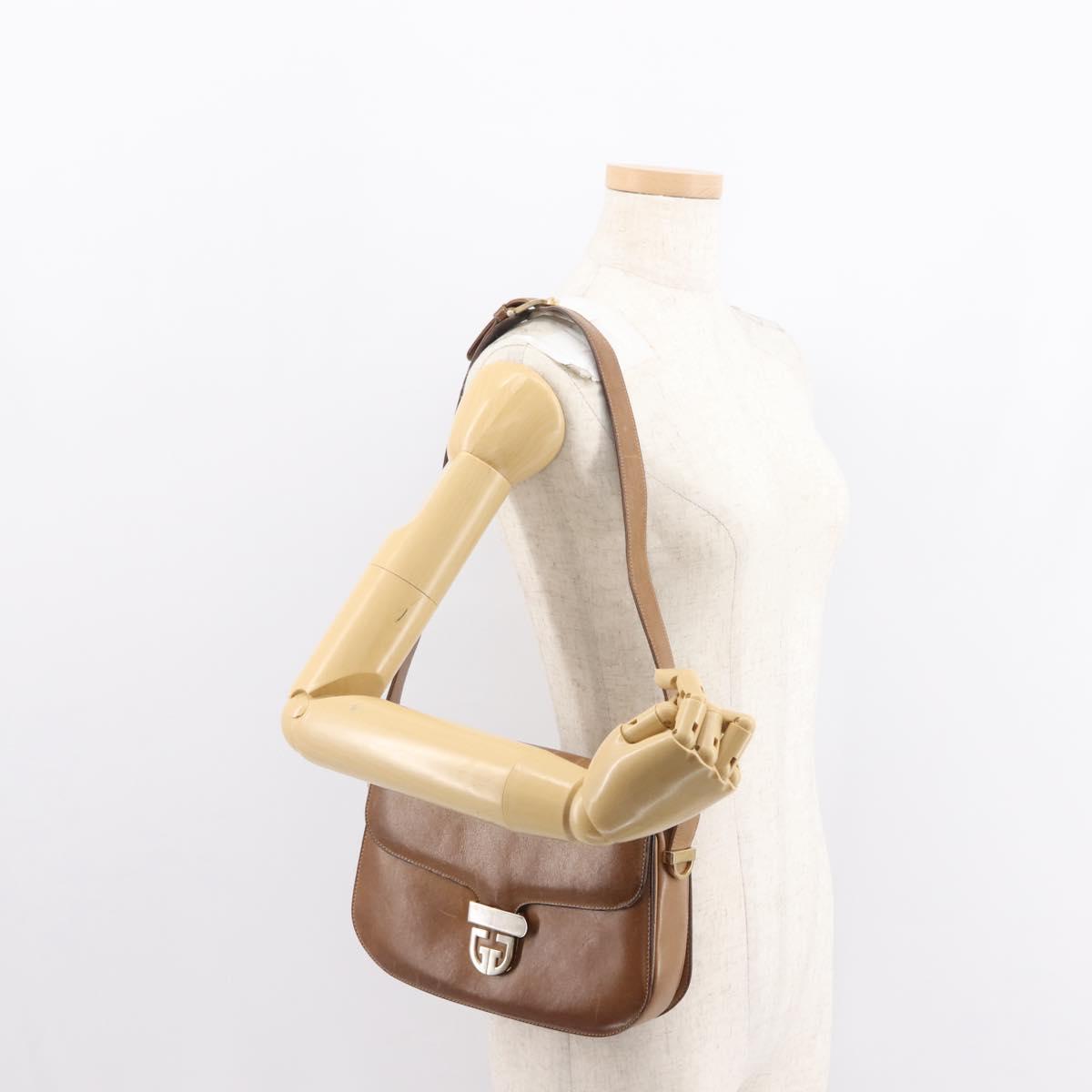 GUCCI Shoulder Bag Leather Brown gold Auth ep11690