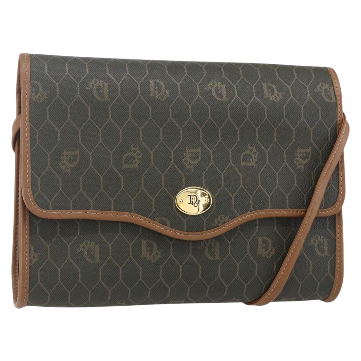 Christian Dior Honeycomb Canvas Shoulder Bag PVC Khaki Gold Auth ep11695