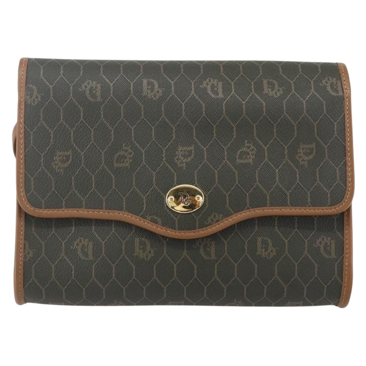 Christian Dior Honeycomb Canvas Shoulder Bag PVC Khaki Gold Auth ep11695