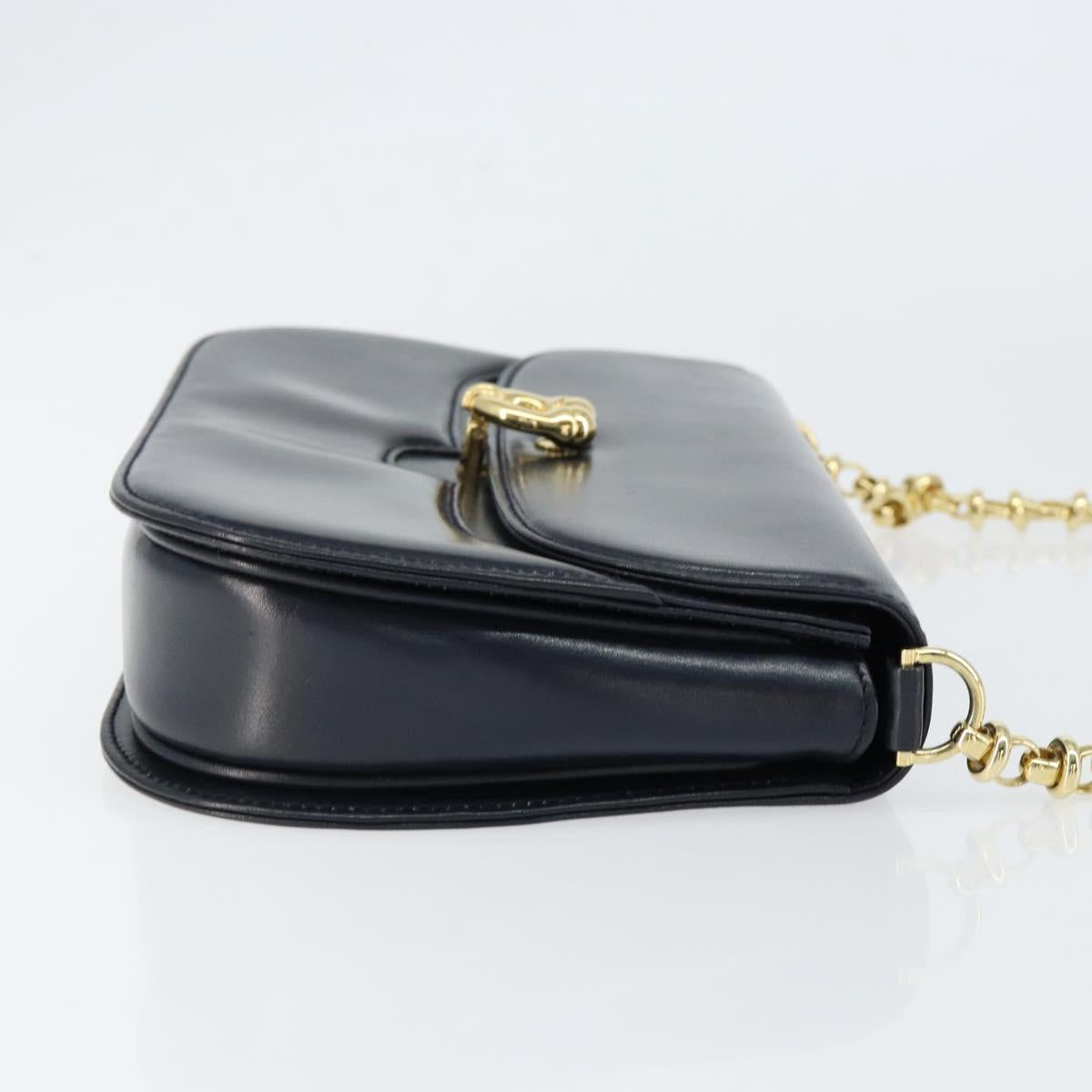GUCCI Chain Shoulder Bag Leather Navy Gold Auth ep11717