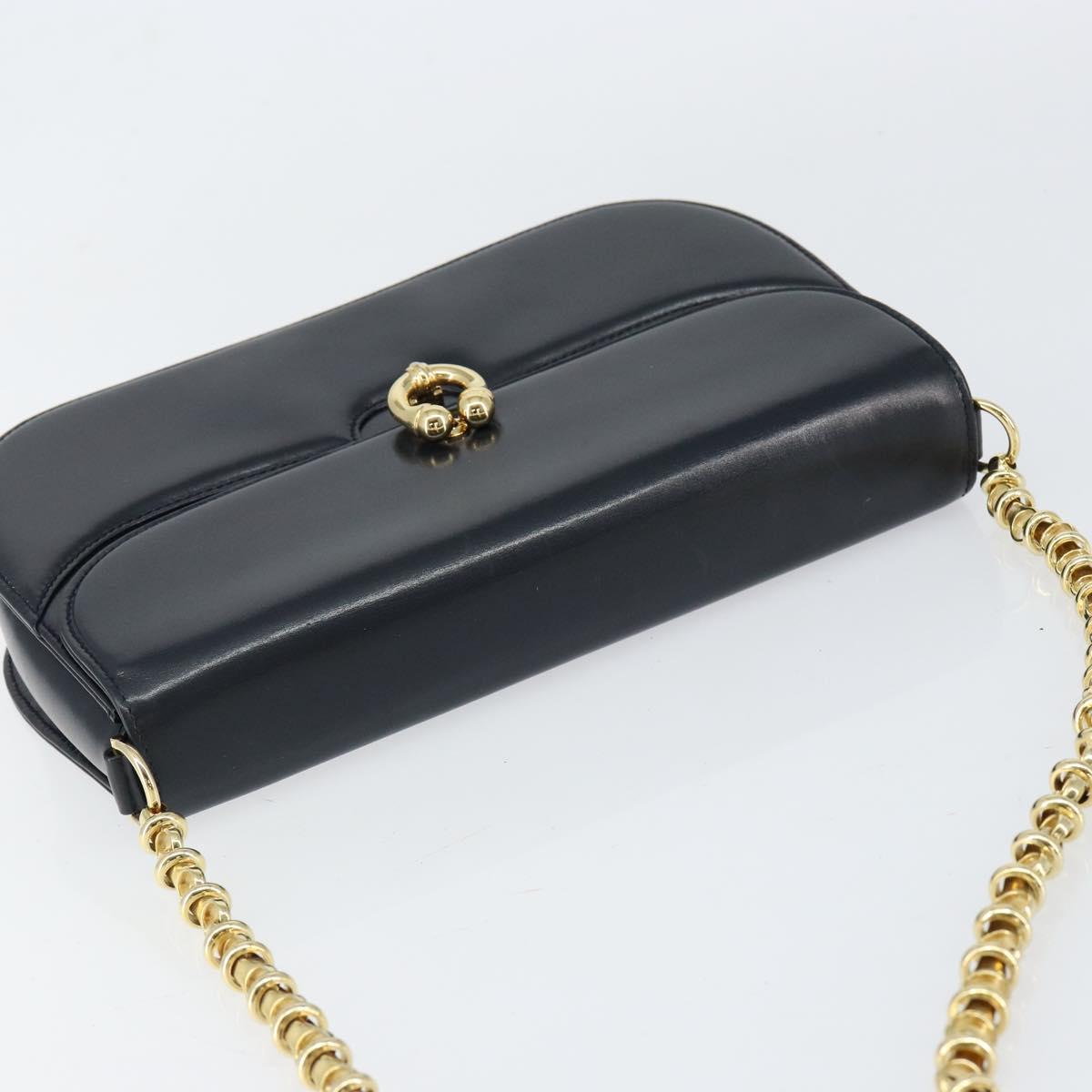 GUCCI Chain Shoulder Bag Leather Navy Gold Auth ep11717