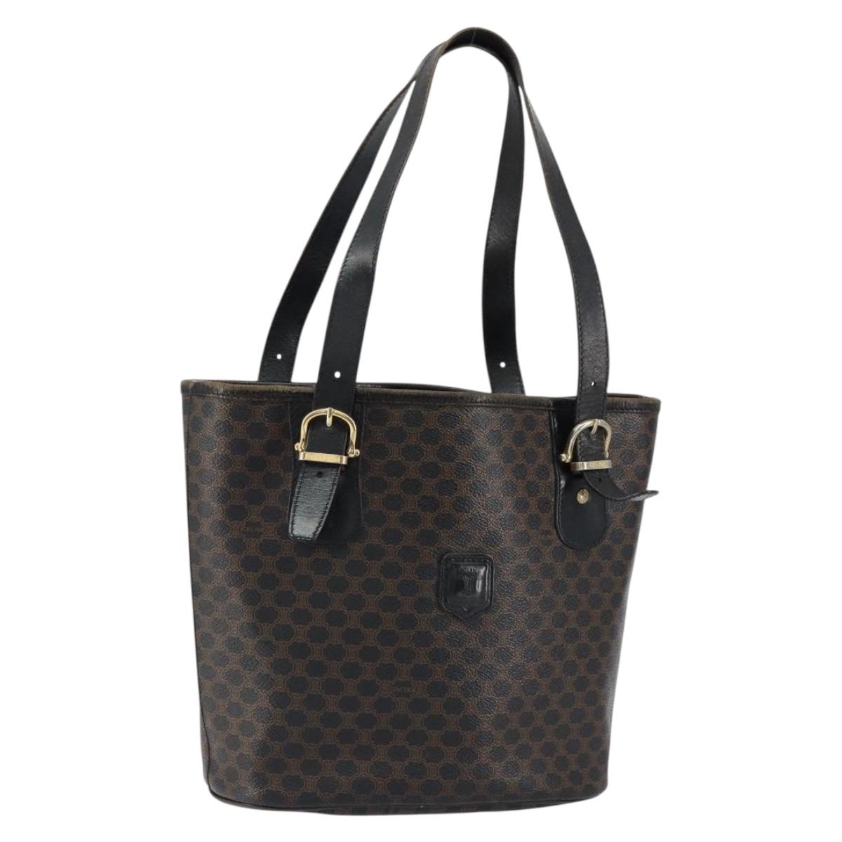 CELINE Macadam Canvas Tote Bag PVC Leather Black Gold Auth ep11721