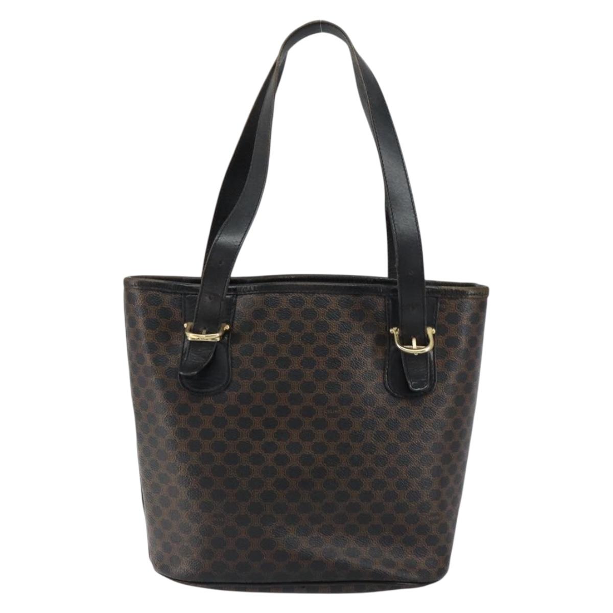 CELINE Macadam Canvas Tote Bag PVC Leather Black Gold Auth ep11721