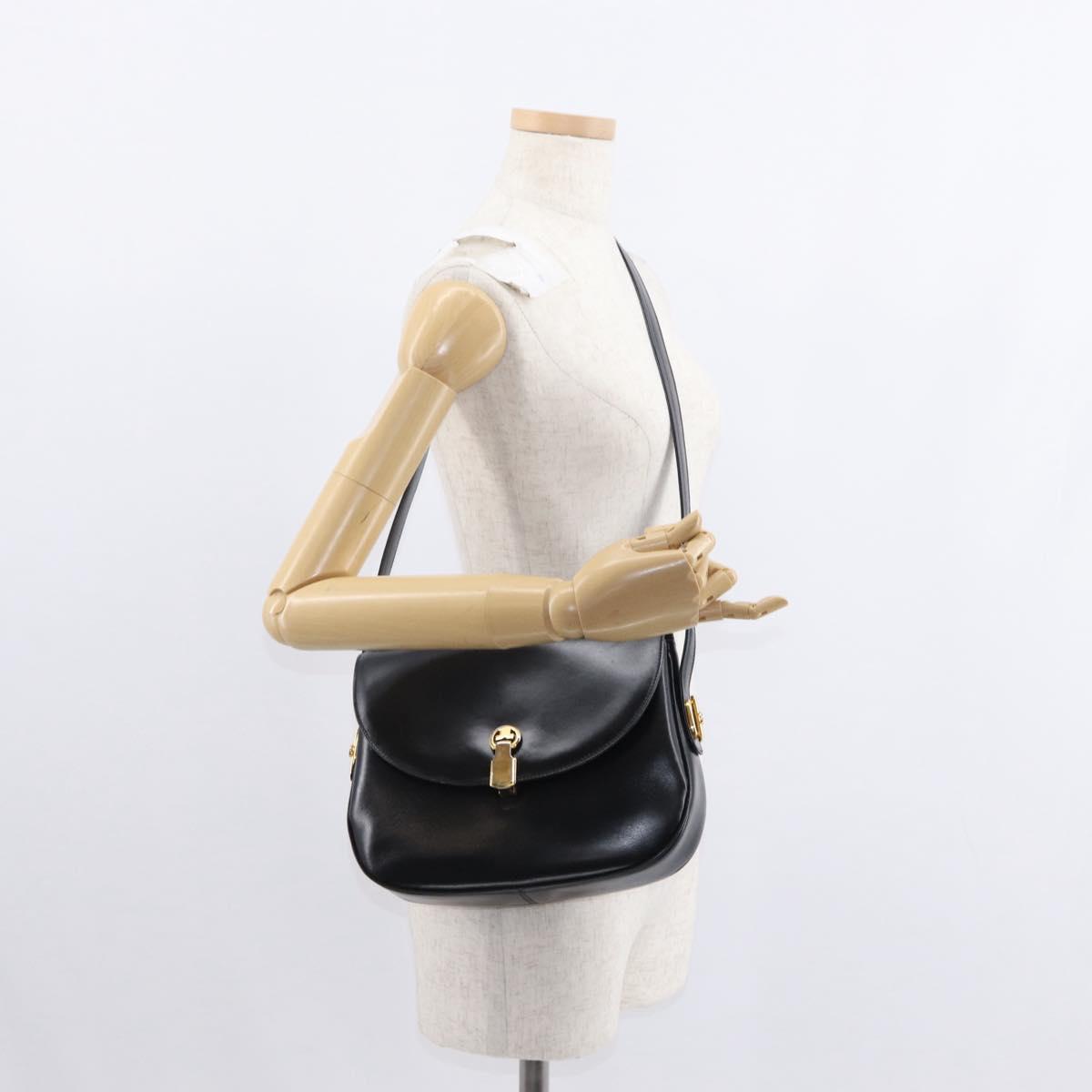 GUCCI Shoulder Bag Leather Black Gold Auth ep11734