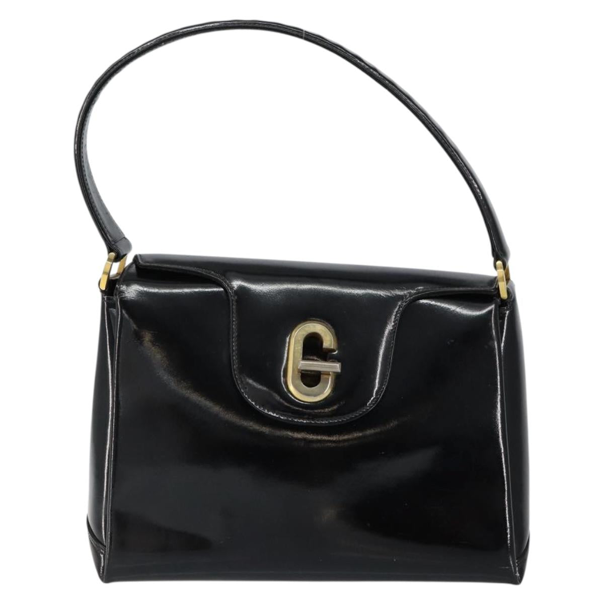 GUCCI Hand Bag Enamel Black Gold Auth ep11740