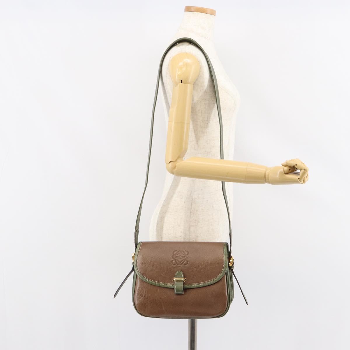 LOEWE Anagram Shoulder Bag Leather Gold Brown Auth ep11747