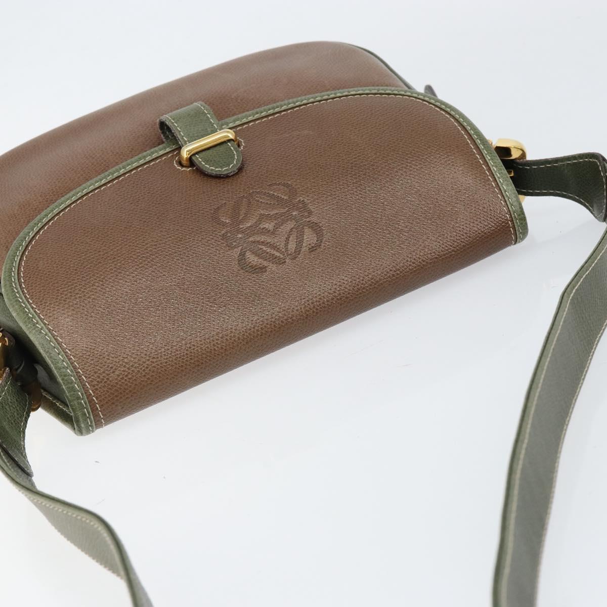 LOEWE Anagram Shoulder Bag Leather Gold Brown Auth ep11747