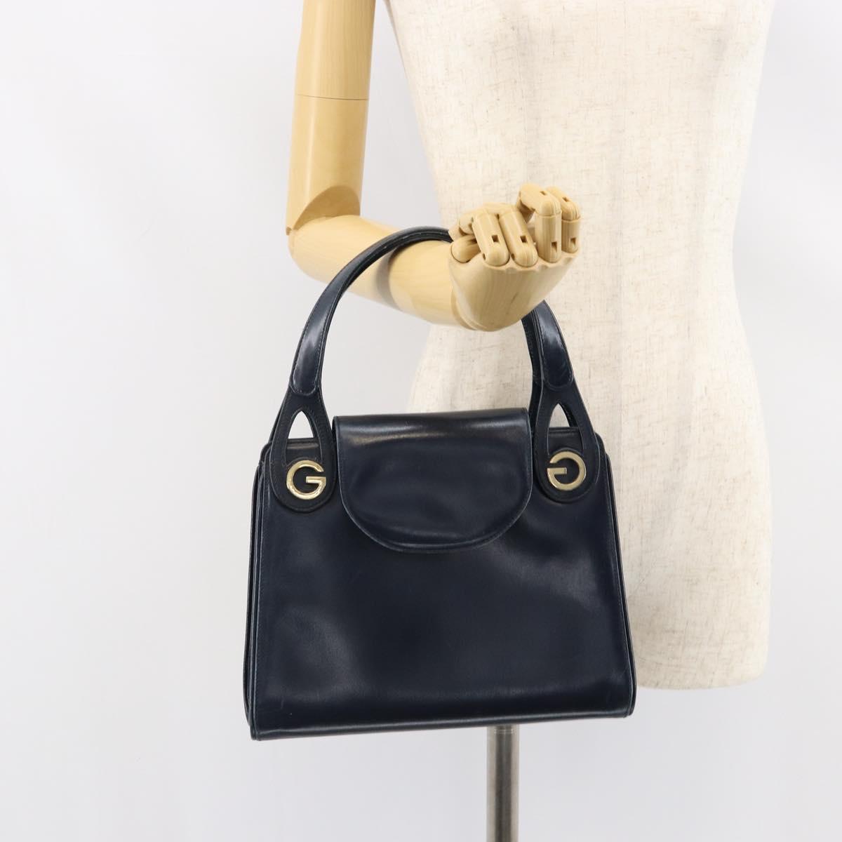 GUCCI Hand Bag Leather Navy Gold Auth ep11790