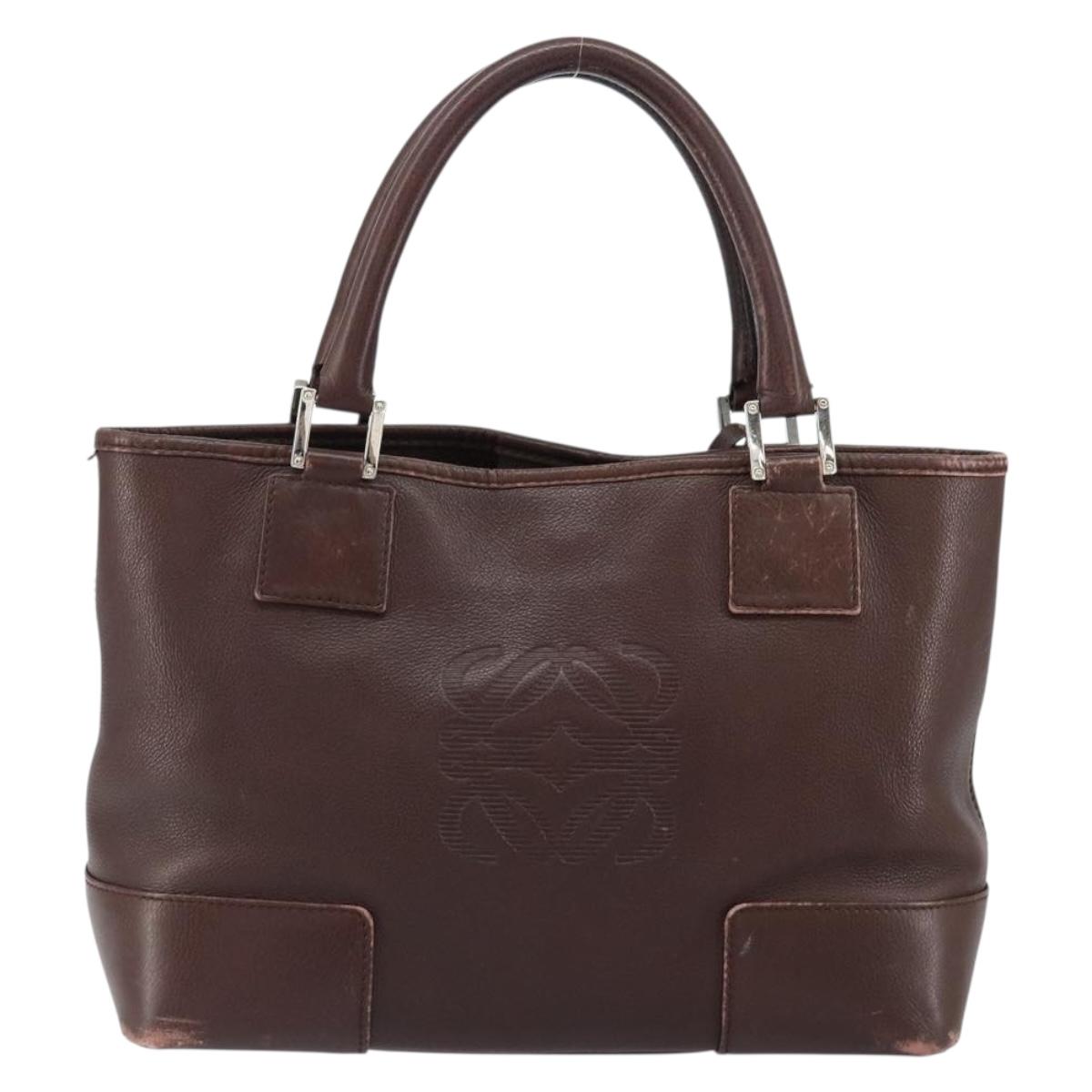 LOEWE Anagram Justa Amazona Hand Bag Leather Brown Silver Auth ep11792