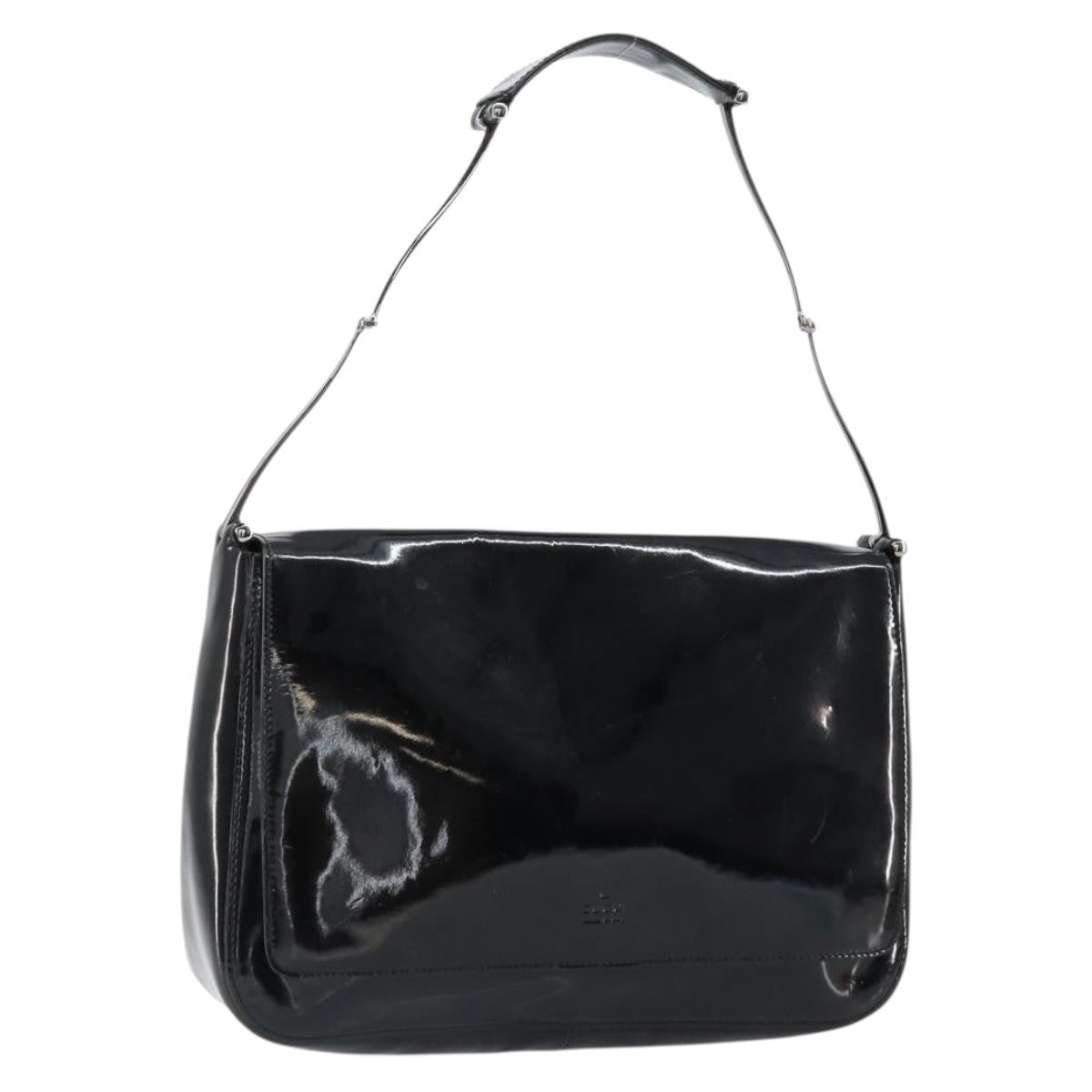 GUCCI Horsebit Shoulder Bag Enamel Black Silver Auth ep11794