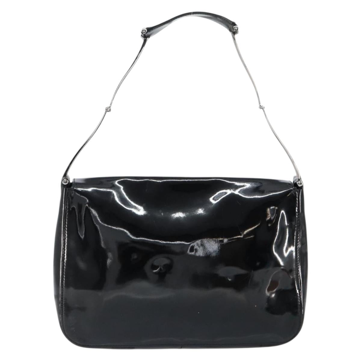 GUCCI Horsebit Shoulder Bag Enamel Black Silver Auth ep11794