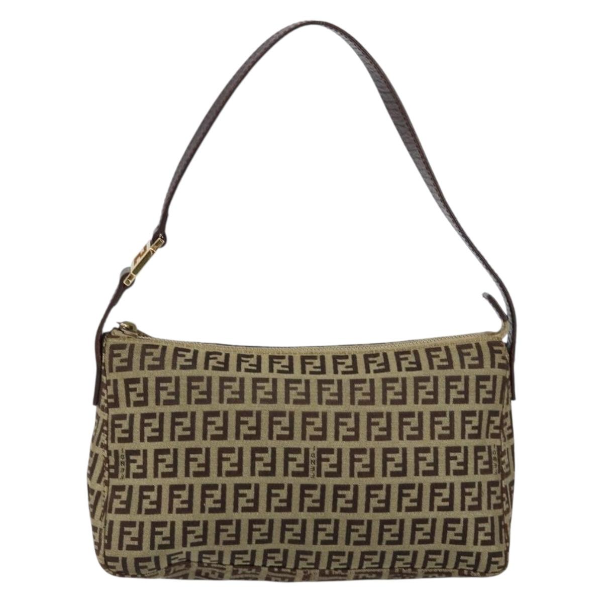 FENDI Zucchino Canvas Mamma Baguette Shoulder Bag Beige Brown gold Auth ep11910