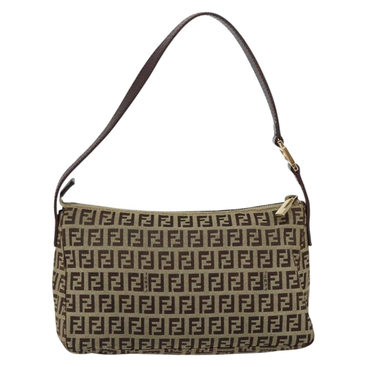 FENDI Zucchino Canvas Mamma Baguette Shoulder Bag Beige Brown gold Auth ep11910