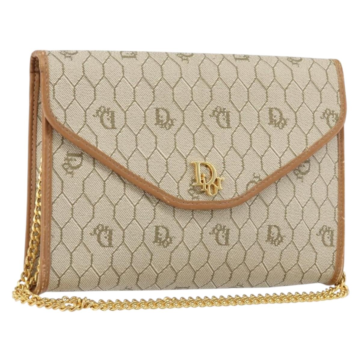 Christian Dior Honeycomb Canvas Chain Shoulder Bag PVC Beige Gold Auth ep11918