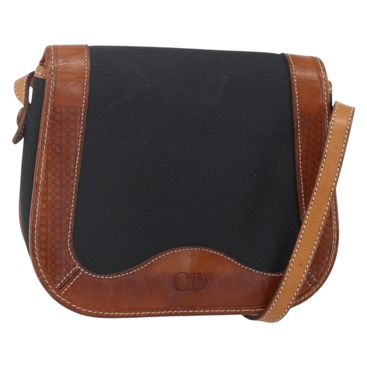 Christian Dior Shoulder Bag Nylon Leather Black Brown gold Auth ep11933